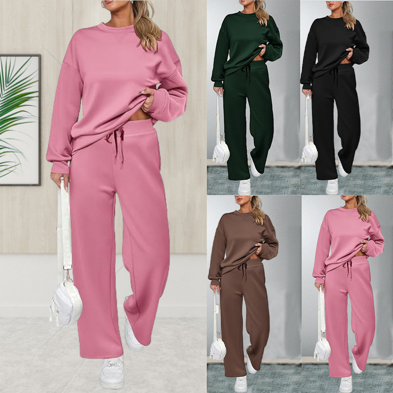 2024 cross-border European and American knitted women's two-piece long-sleeved top and casual wide-leg pocket trousers suit