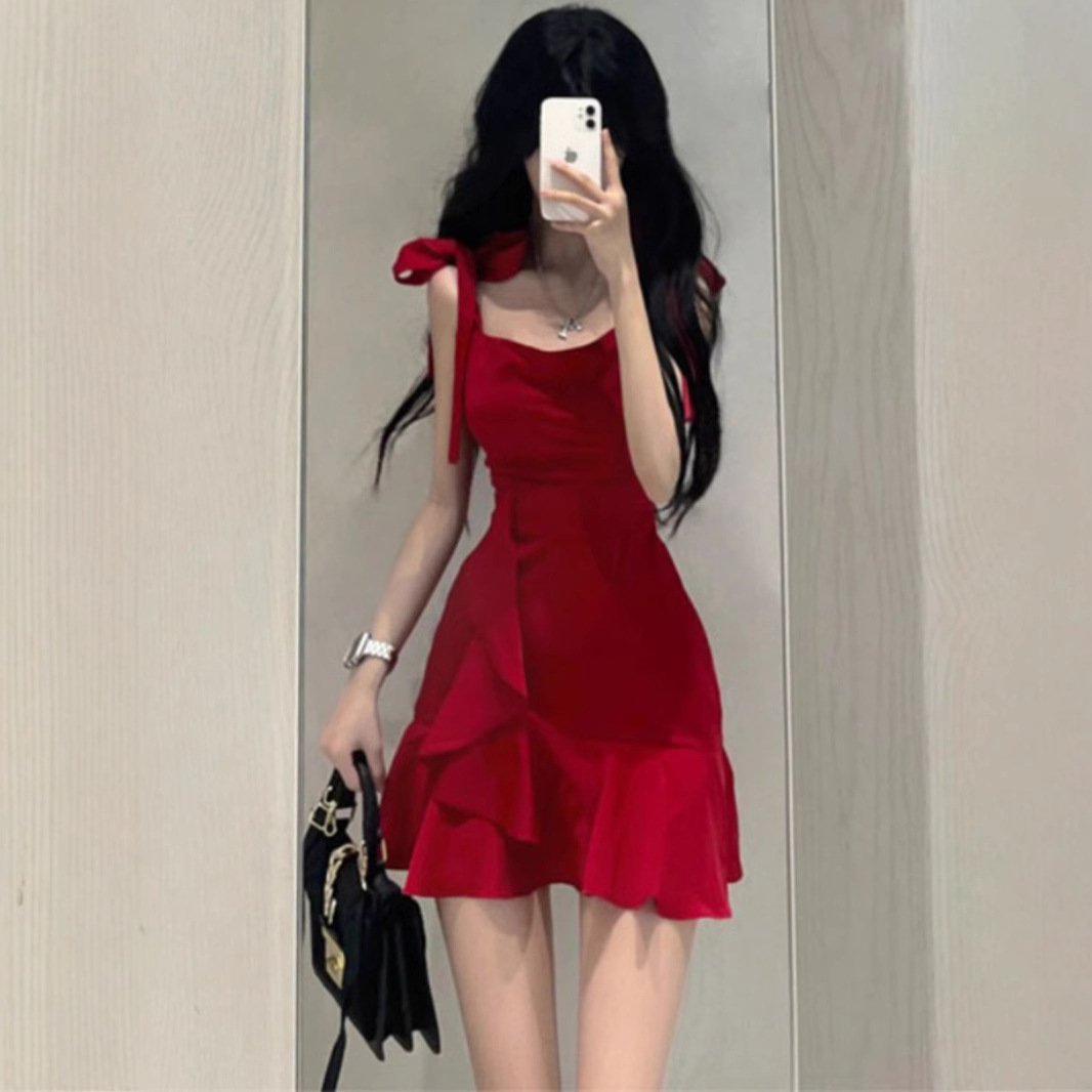 Pure Desire Style Hot Girl Red Sling dress Women's Summer New Design Sense Niche Elegant Tight Waist Slimming Skirt