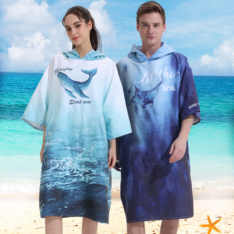 Ocean style cross-border quick-drying beach towel clothes hooded cloak bath towel with pocket sleeve surfing changing bathrobe