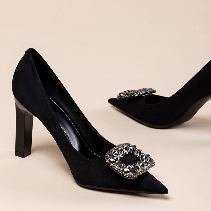 Elegant Professional Black Work Thick Heel Shoes 2024 New Pointed Rhinestone High-grade High-heeled Shoes for Women