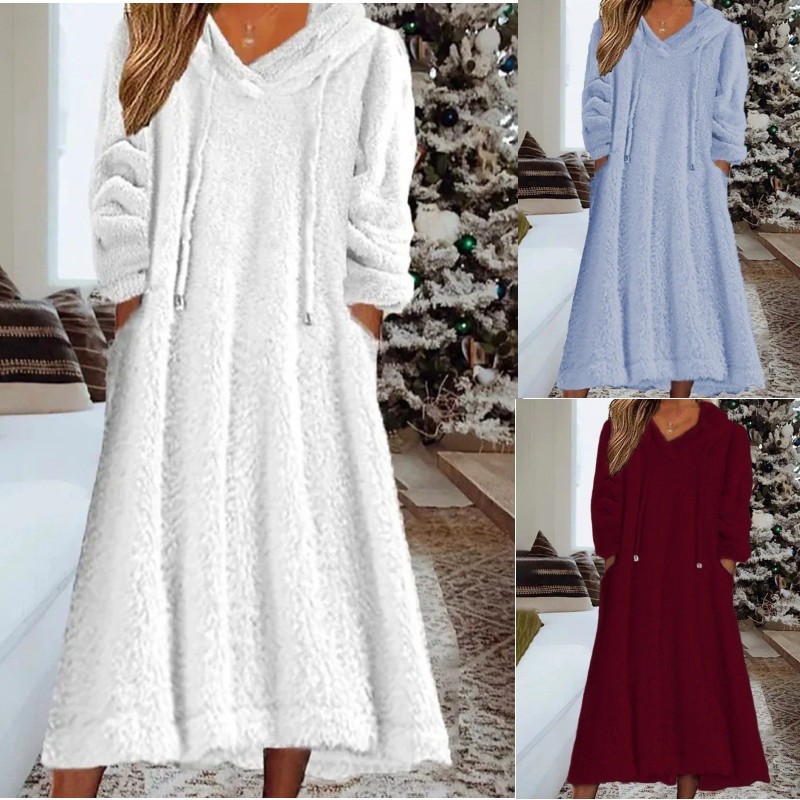Cross-border 2024 new autumn and winter Europe and the United States Amazon loose casual fluff hooded long sleeve dress home clothes