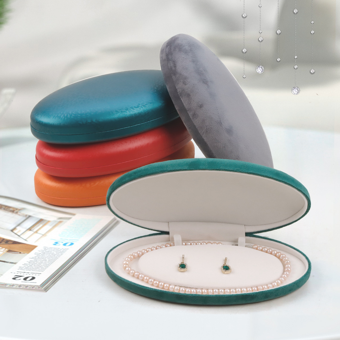 Oval pearl necklace jewelry box Phantom PU leather jewelry box Lisi velvet jewelry storage packaging box wholesale