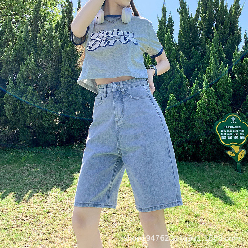 Picture of Black High Waist Denim Shorts Women's Five-point Pants Summer Thin 2023 New Arrival Loose Trendy ins Mid-length Pants