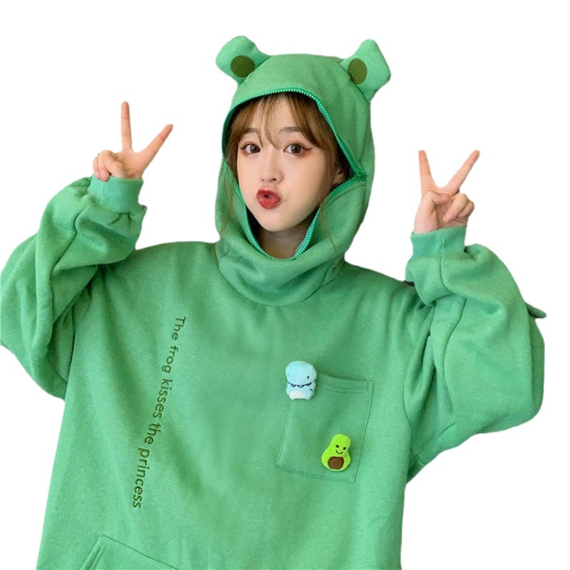 Cross-Border 2024 Autumn and Winter New Japanese and K-Style Frog Velvet Thickeneded Design Loose Large Size Hooded Sweatshirt for Women