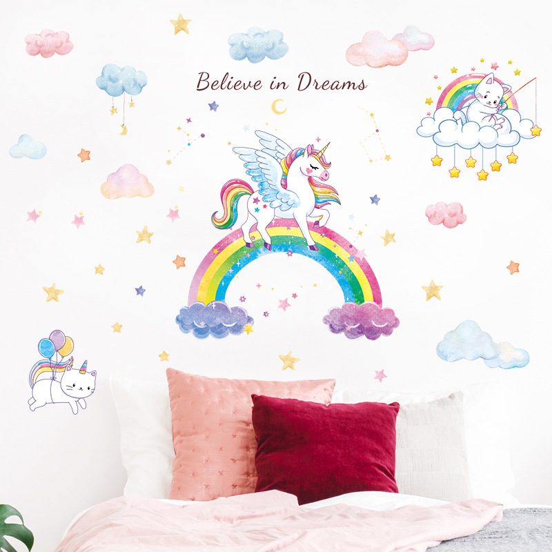 Wall stickers factory wholesale New Rainbow unicorn bedroom living room bedroom removable decorative wall stickers HT94004