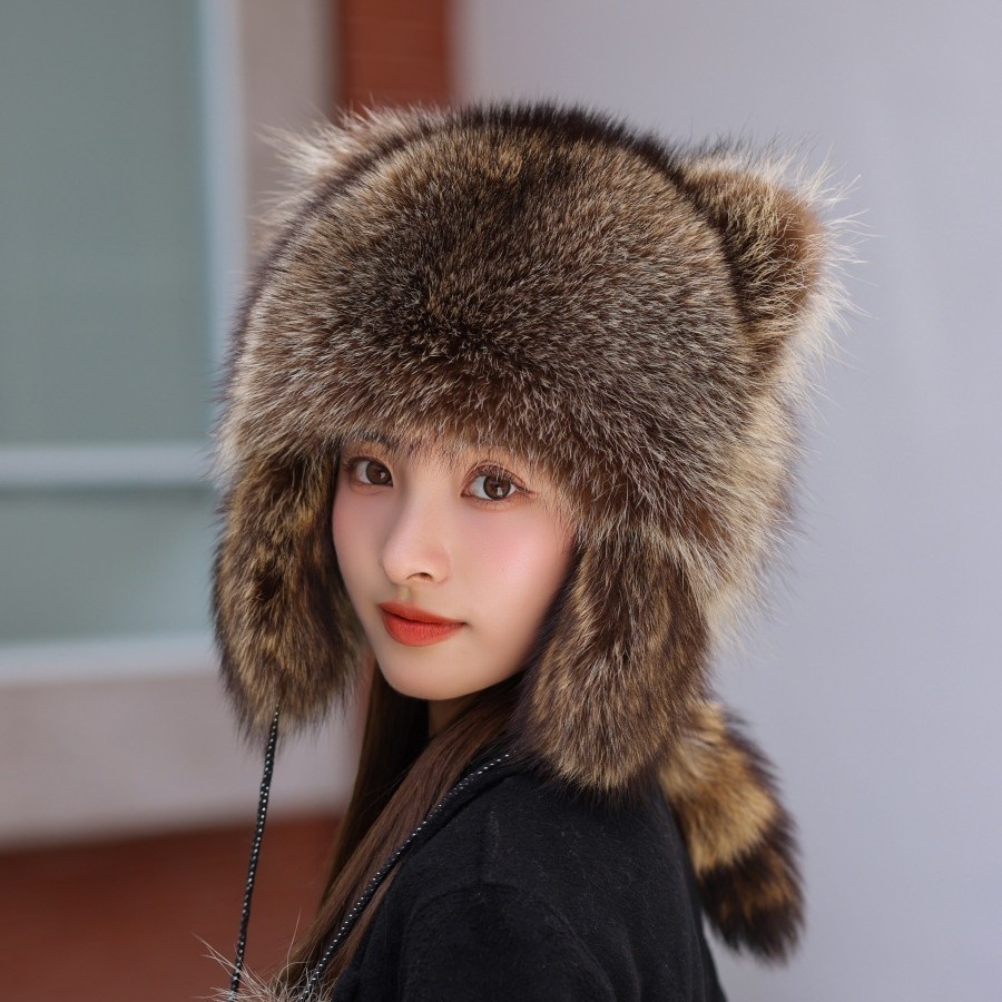 Picture of Raccoon overlord hat tail hat children adult female winter American raccoon dog ear protection imitation fox fur cat ear hat