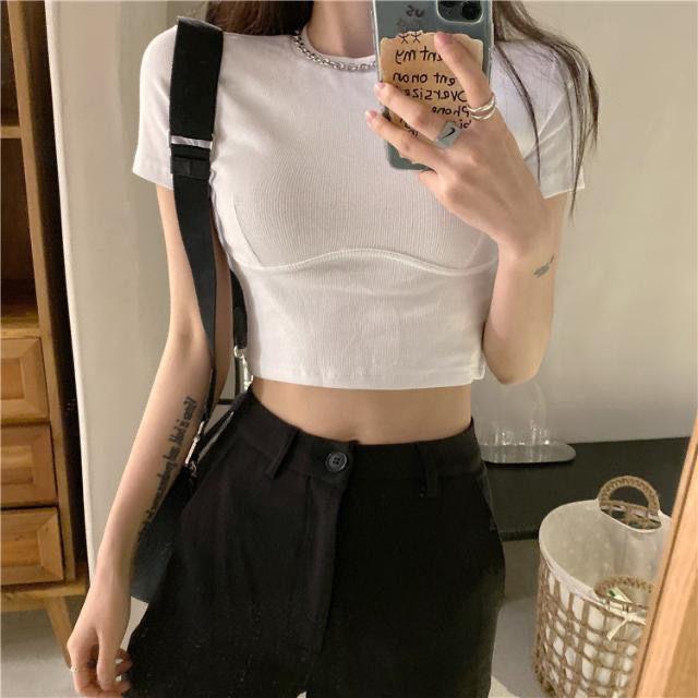 2025 Spring and Summer New Style with Simple Slimming Look Short-Sleeved T-Shirt for Women with Exposed Waist Bottoming Shirt and Inner Top