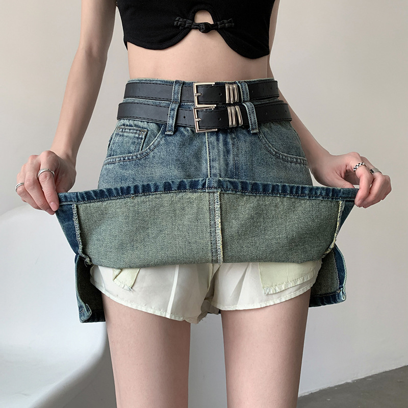 2025 New Retro Hong Kong Style Short Skirt Korean Style Sweet and Cool High Waist Design Slim A-Line Denim Skirt