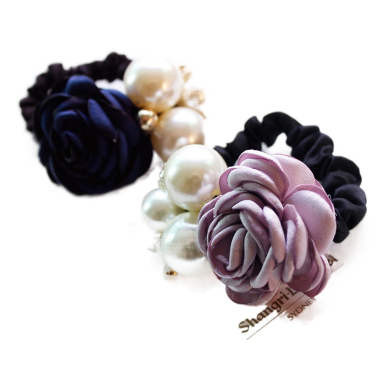 F141 Korean fashion big pearl rose flower hair ring camellia head rope diamond elastic rubber band head flower