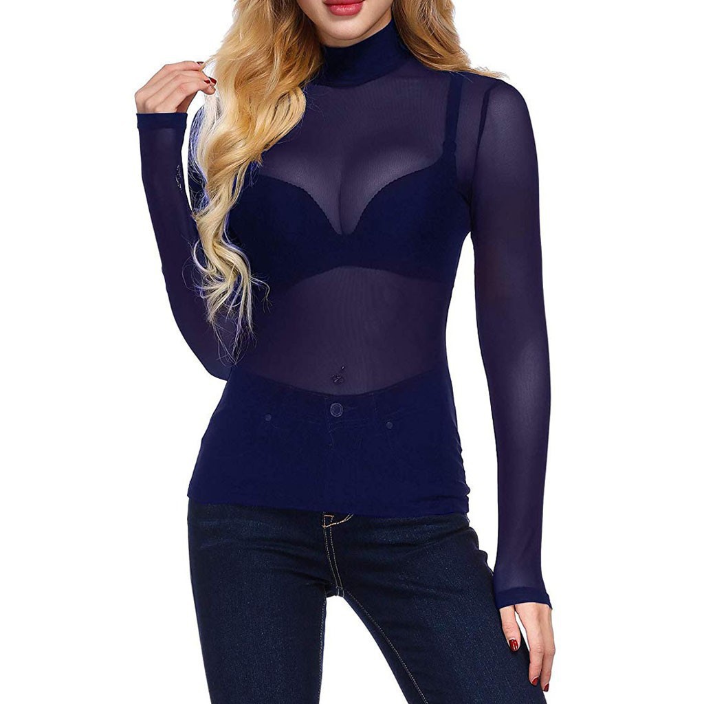 Picture of Autumn 2023 Black Transparent Mesh Base Shirt Women's Long-sleeved Sexy Perspective Thin Mesh Shirt Super-stretch Shirt