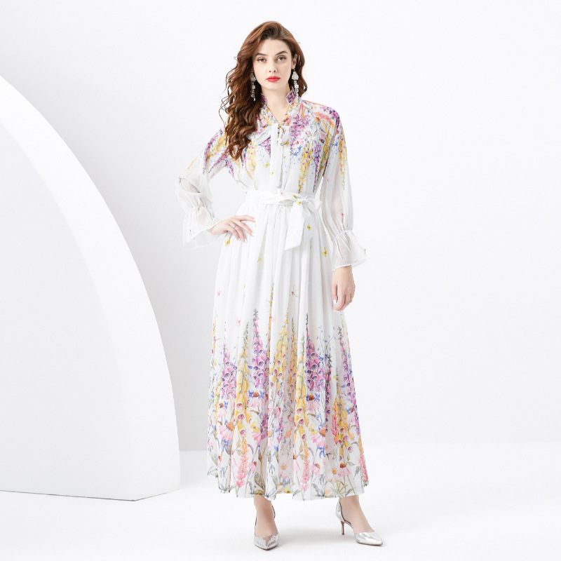 Spring/Summer 2024-Vacation Style V-Neck Ear-Ear Edge Float Belt Pleated Wide Swing Printed Skirt Four-Piece Set