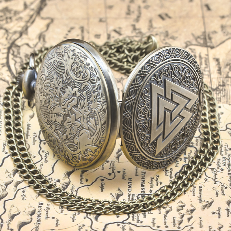 Picture of Bronze Pocket Watch Personalized Quartz Pocket Watch Triangle Pattern Hanging Chain Male and Female Gift Pocket Watch Factory Straight Hair Pocket Watch