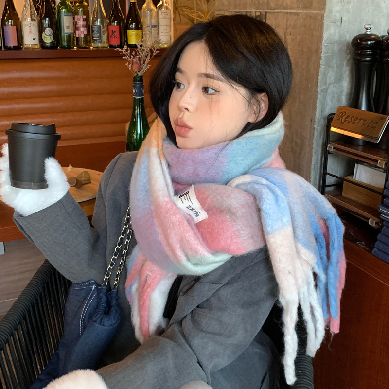 2024 New Scarf Women's Winter Pink Plaid Tassel Rainbow Atmosphere Rainbow Mauhair Thickened Long Scarf