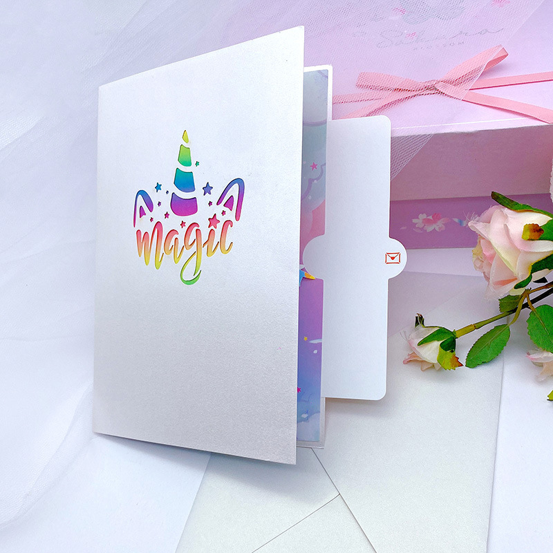 Picture of Cross-Border 3D Birthday Greeting Card for Children, Unicorn Rainbow Bridge Paper Carving Craft Blessing Card, Universal for Holidays