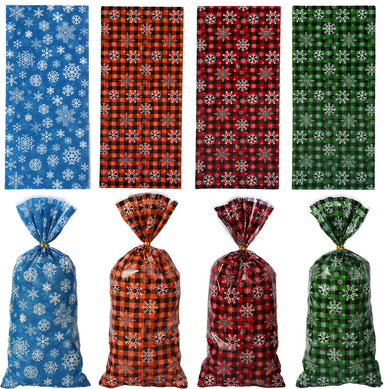 Plaid snowflake Christmas tie pocket Christmas Eve biscuit candy packaging bag cellophane bag OPP flat mouth bag