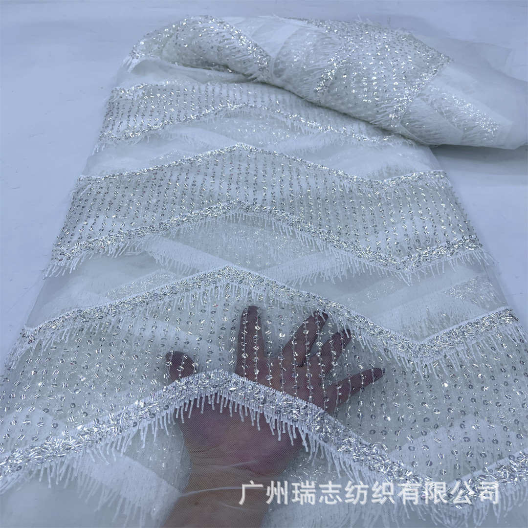 Middle East Heavy Industries Beaded Tube Embroidery Geometric Stripe Beaded Lace Fabric French Wedding Dress Evening Dress dress Embroidered Cloth