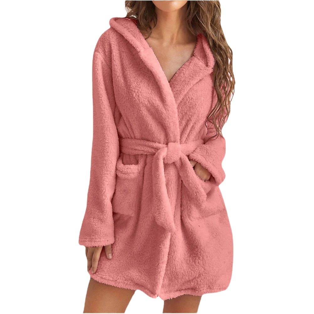2024 Amazon Ebay European and American Foreign Trade Plush Pajamas Solid Color Hooded Home Warm Bathrobe for Women Thickened and Warm