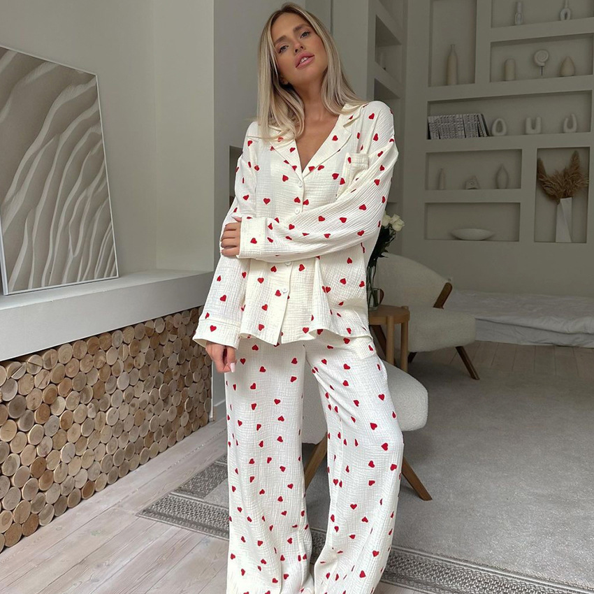 Spring New Love Print Comfortable Long-Sleeved Trousers Pajamas Two-Piece Set Cross-Border Wholesale Women's Home Clothes Exclusive Supply
