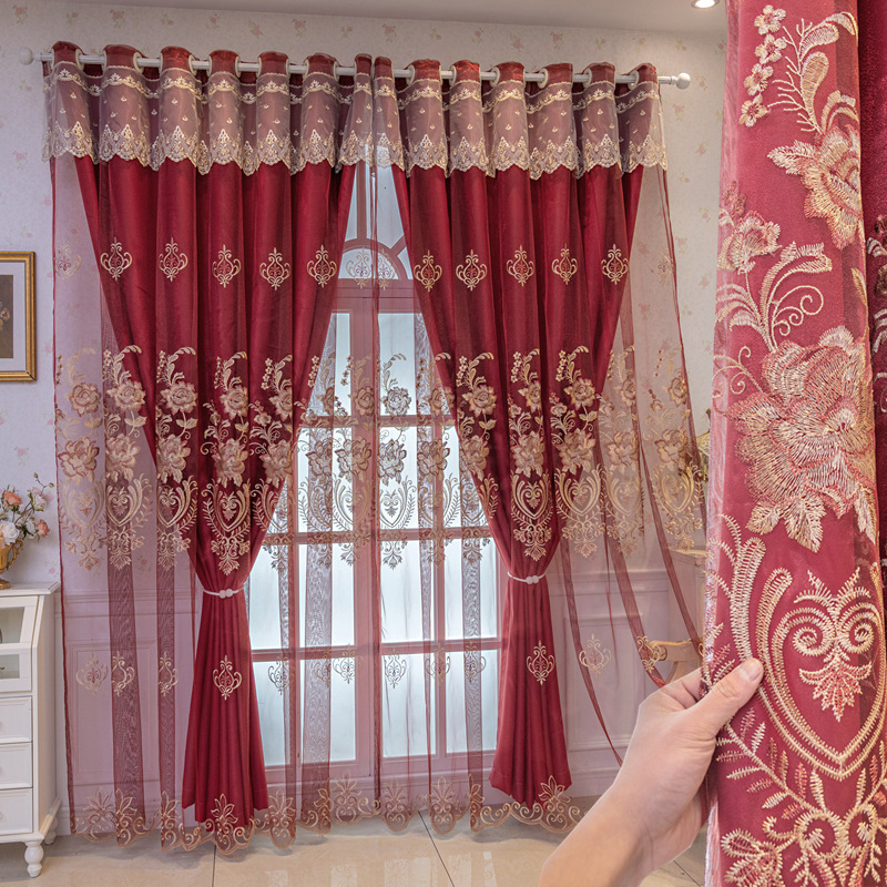 High-end festive red embroidered window screen curtain double-layer integrated blackout fabric finished bedroom living room balcony floor