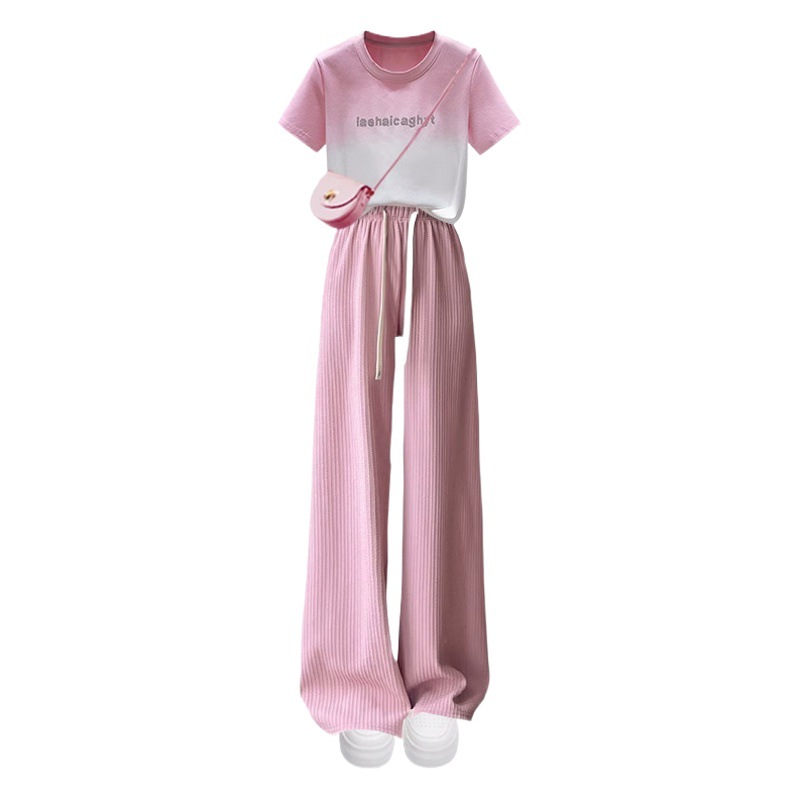 Children's Clothing Girls' suit Girls' Summer Clothing Big Children's Short-sleeved Top Ice Silk Wide-leg Pants Student Sportswear Two-piece Set