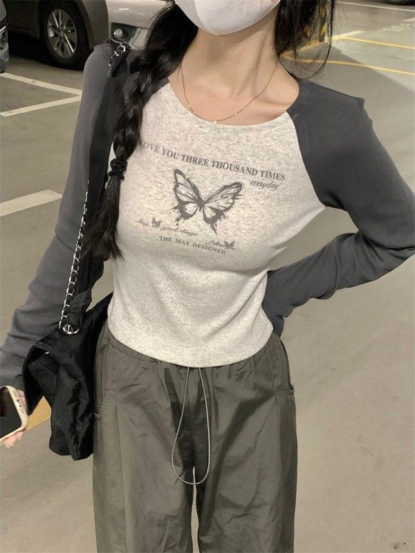 Contrast color raglan long sleeve T-shirt women's 2024 new spring and autumn winter modal base shirt early autumn top