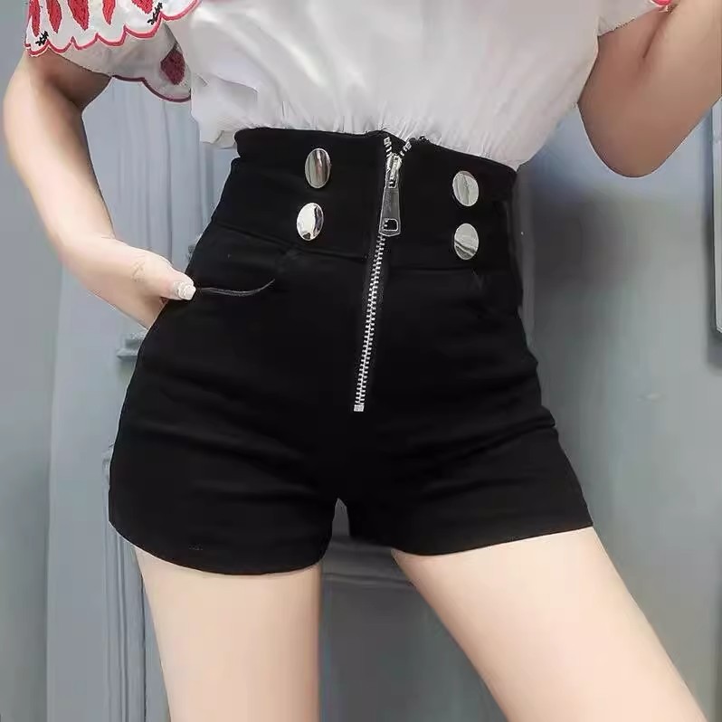 Summer Black Stretch Shorts Women's 2024 New Design Sense Niche High Waist Zipper Casual All-match Outer Wear Hot Pants