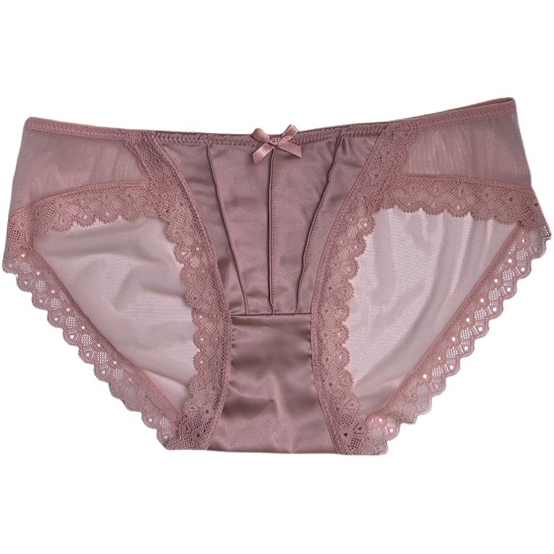 French retro satin underwear women's low waist thin breathable comfortable pure sexy lace mesh briefs women