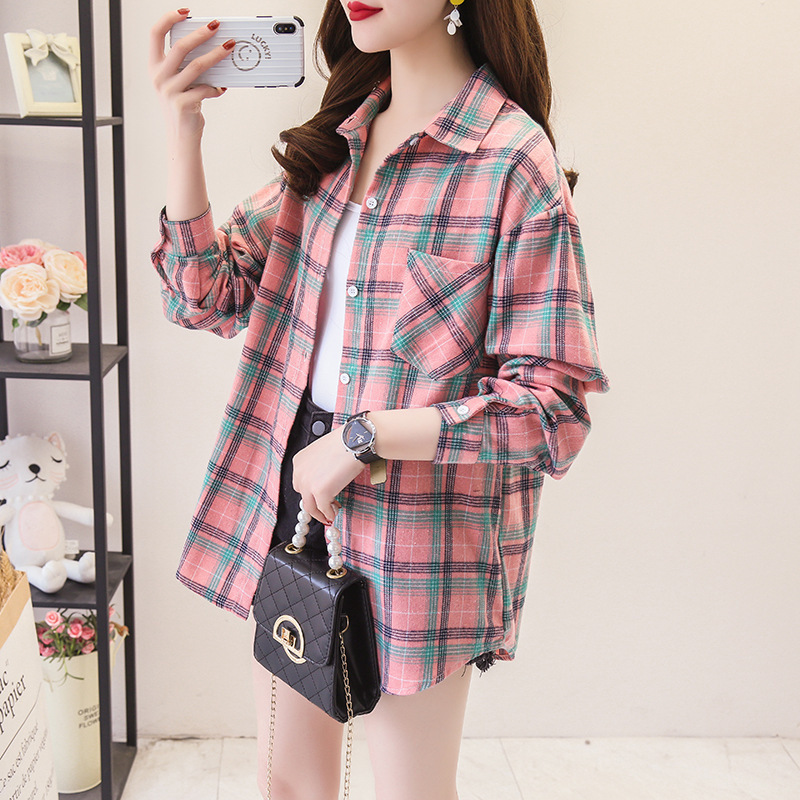 Cotton Plaid Shirt 2022 Autum New Short-Sleeved Korean Style Loose Long-Sleeved Retro Hong Kong Style Foreign Style Students