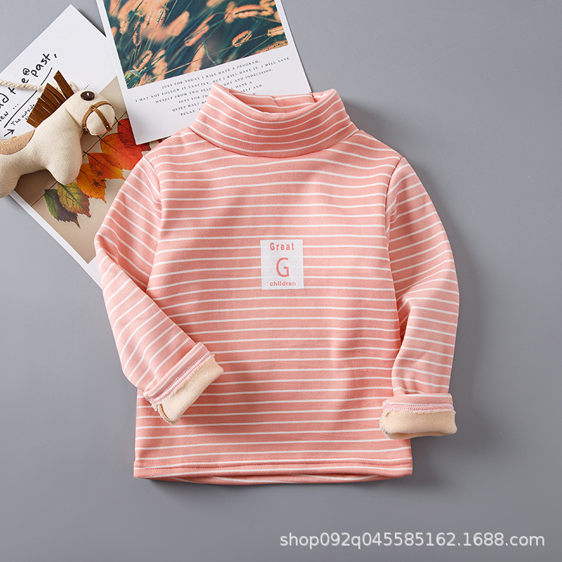 Picture of 2025 Kidsren's Bottoming Shirt Half Turtleneck Fleece-Lined Stripesd Long-Sleeved Warm Top for Boys and Girls Trbottomy Korean Style Autumn and Winter Kidsren's Clothing