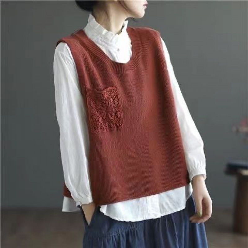 Vintage Chinese Style Women's Waistcoat Knitted Vest Short Solid Color Loose Pullover Outer Waistcoat