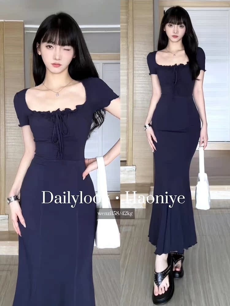 French Retro dress Women's Summer Short Slim-fit Tight Waist Slimming Pure Desire Mom-style Hip Fishtail Long Dress