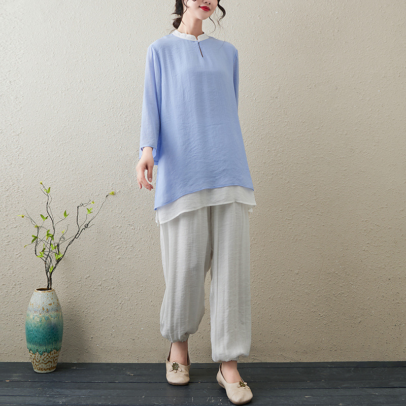 Picture of 2024 Spring and Autumn New Literary Retro Loose Cotton and Linen Zen Tea Suit National Style Tai Chi Suit Yoga Wear Two-Piece Set