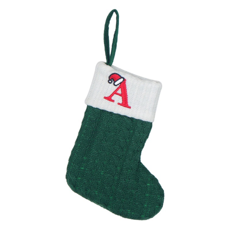 Cross Border Decorations Knitted Socks Wool Socks Embroidered Letters Children Candy Gift Bag Green Christmas Stocking Gift Bag