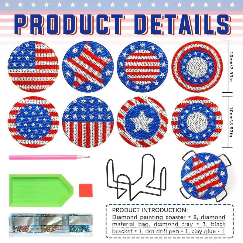 diy Diamond painting Coaster Star stripes 8-piece wooden coaster cross-border hot sale
