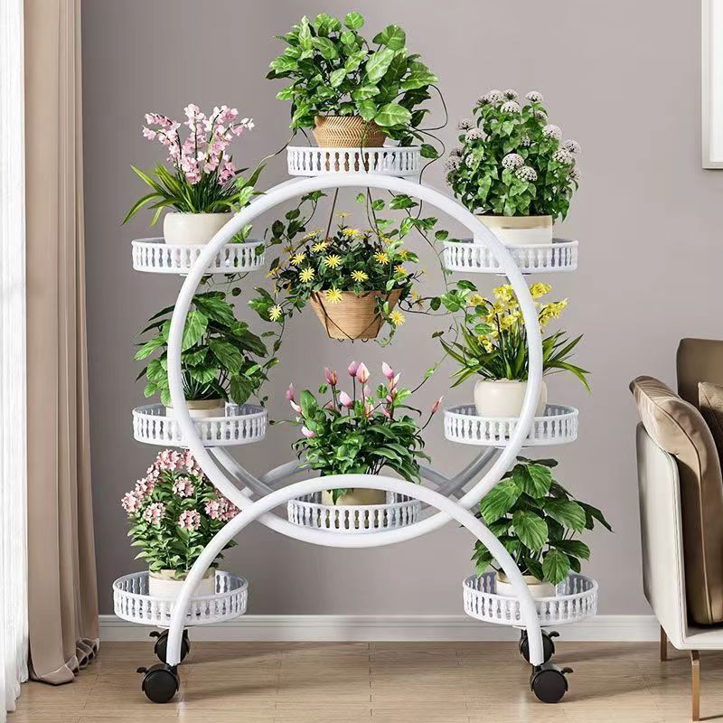 Flower rack living room floor-standing movable wheeled pothos flower pot rack wrought iron multi-storey balcony flower stand home flooring