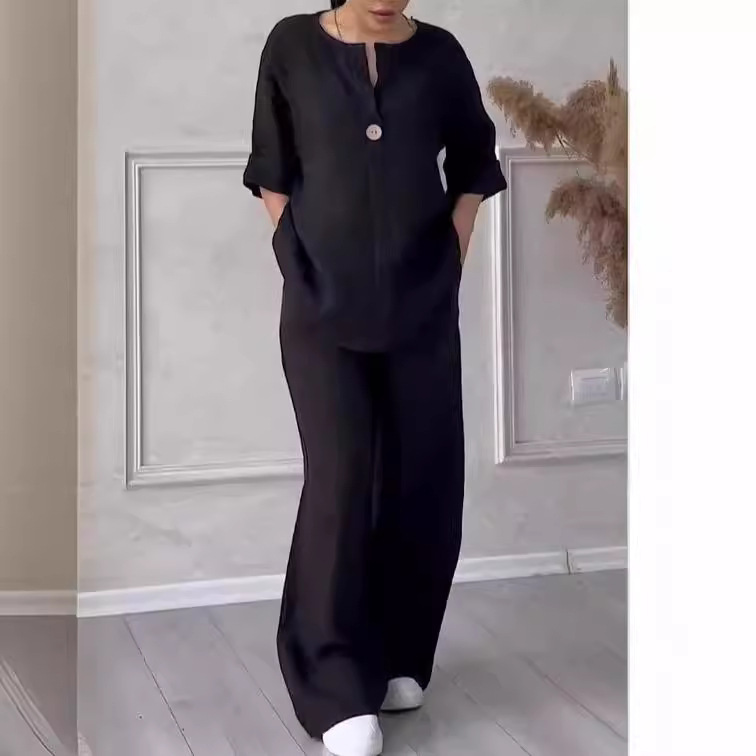 Picture of Amazon 2025 Europe and the United States cross-border new women's independent station AliExpress fashion solid color cotton casual suit pants