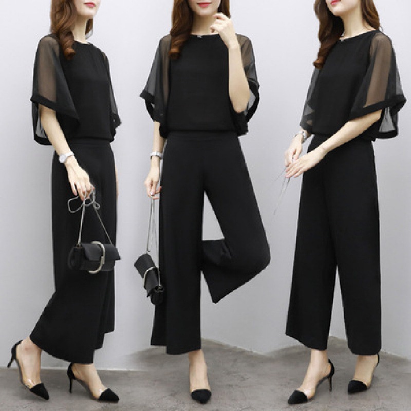 Picture of 2025 New Korean Style Women's Summer Fashion Temperament Socialite Two-Piece Chiffon Top High Waisted Wide Leg Pants Suit for Women