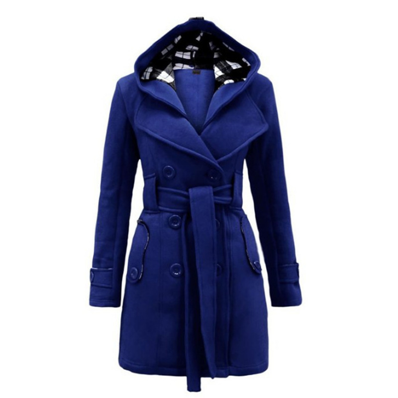 Picture of 2023 AliExpress EBAY Amazon New Plaid Hooded Tweed Coat Belt Double-breasted Mid-length Coat