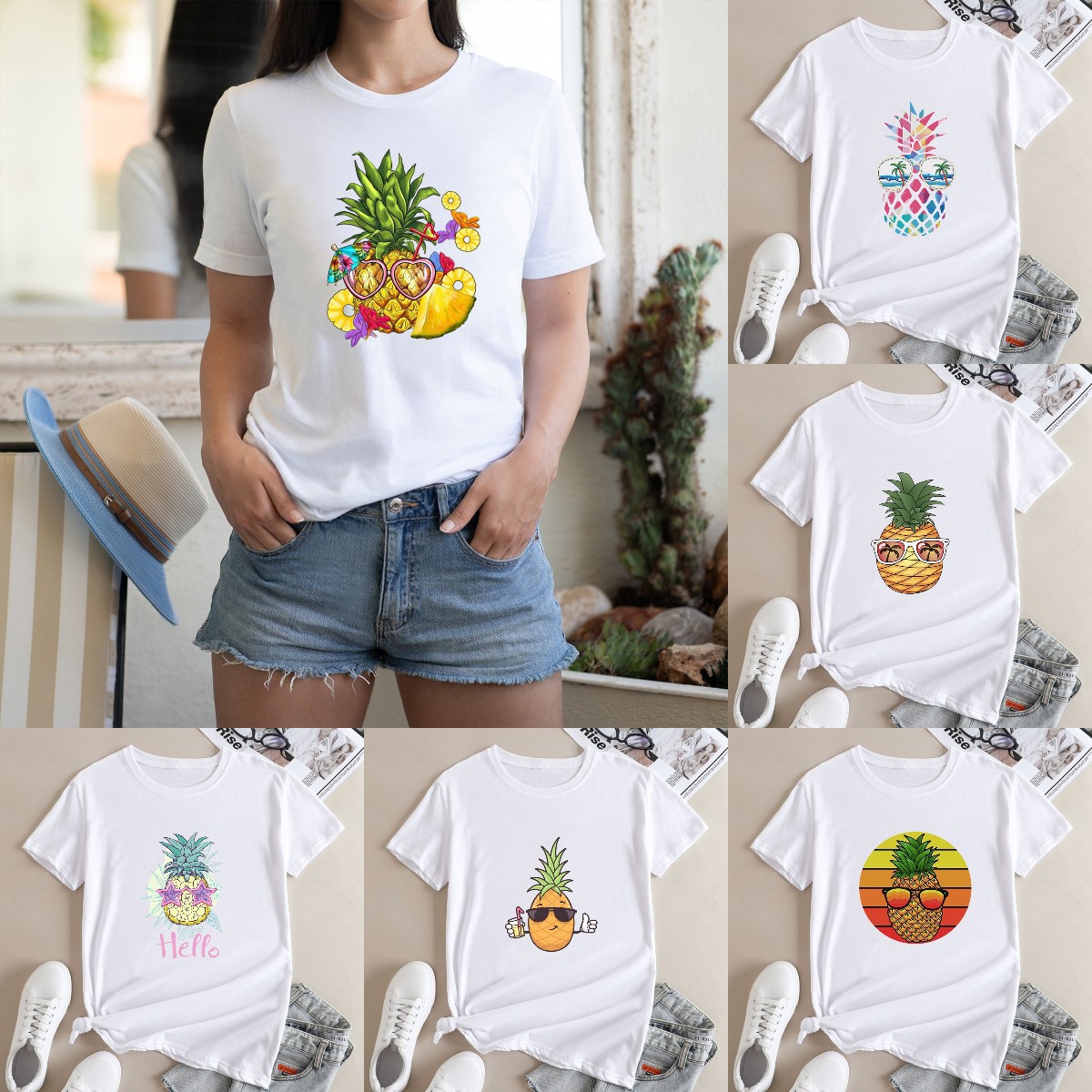 Summer Cross-border Supply Women's shirt Loose Round Neck Hawaiian Pineapple Printed Round Neck Modal Short-sleeved T-shirt