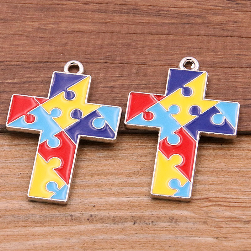 Picture of 8 Styles, 2 Colors DIY Alloy Jewelry Contrasting Color Puzzle Autism Pendant Round Heart Puzzle Asymmetrical Pendant