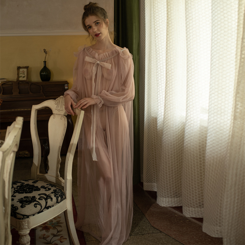 Picture of Cross-border Foreign Trade plus size Sexy Mesh Pajamas Women's Pure Desire Sexy Long Perspective Blouse Lace Nightgown Trendy