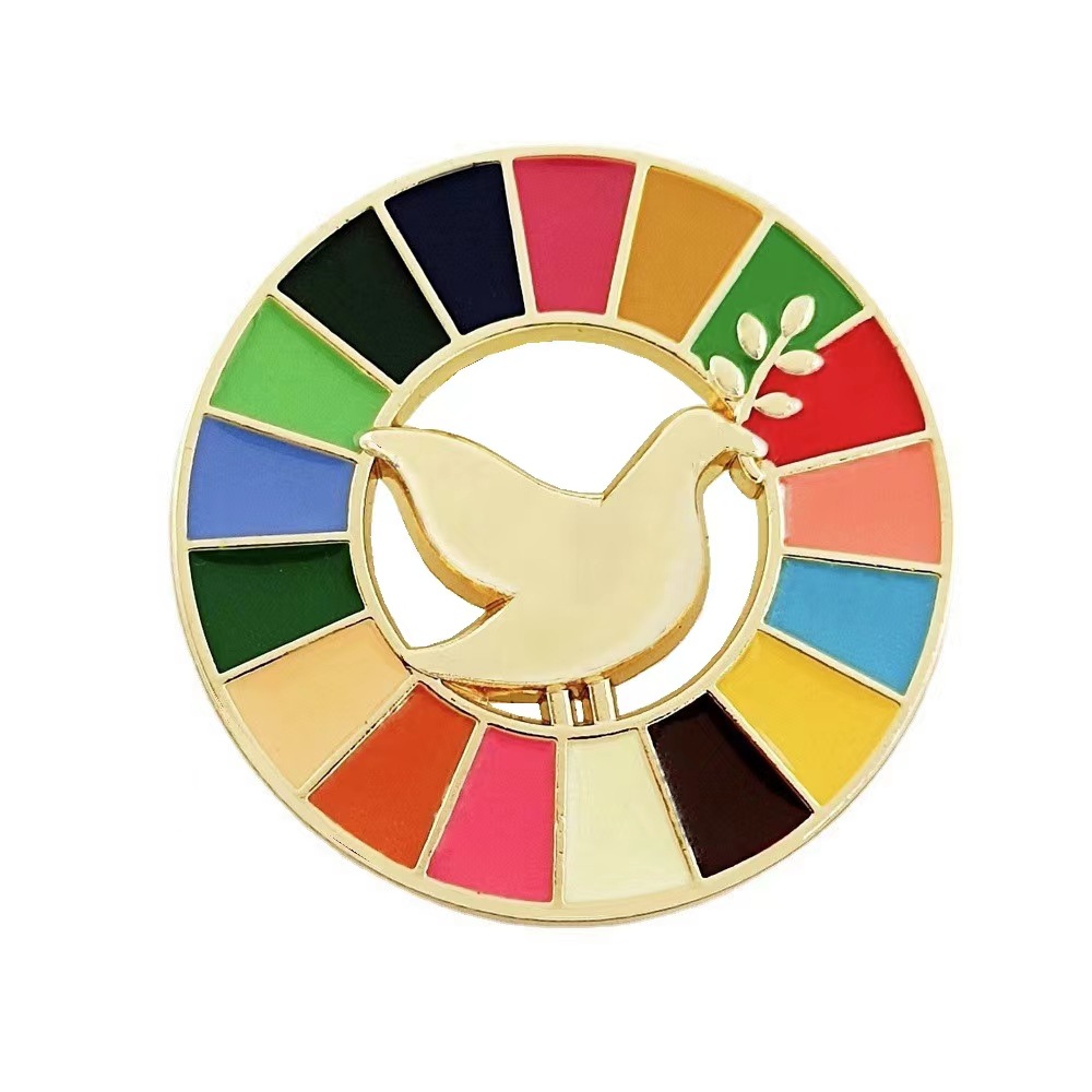 Picture of United Nations peace pigeon brooch sustainable development goal medal representative geometric pattern 17 color oil dripping necklace