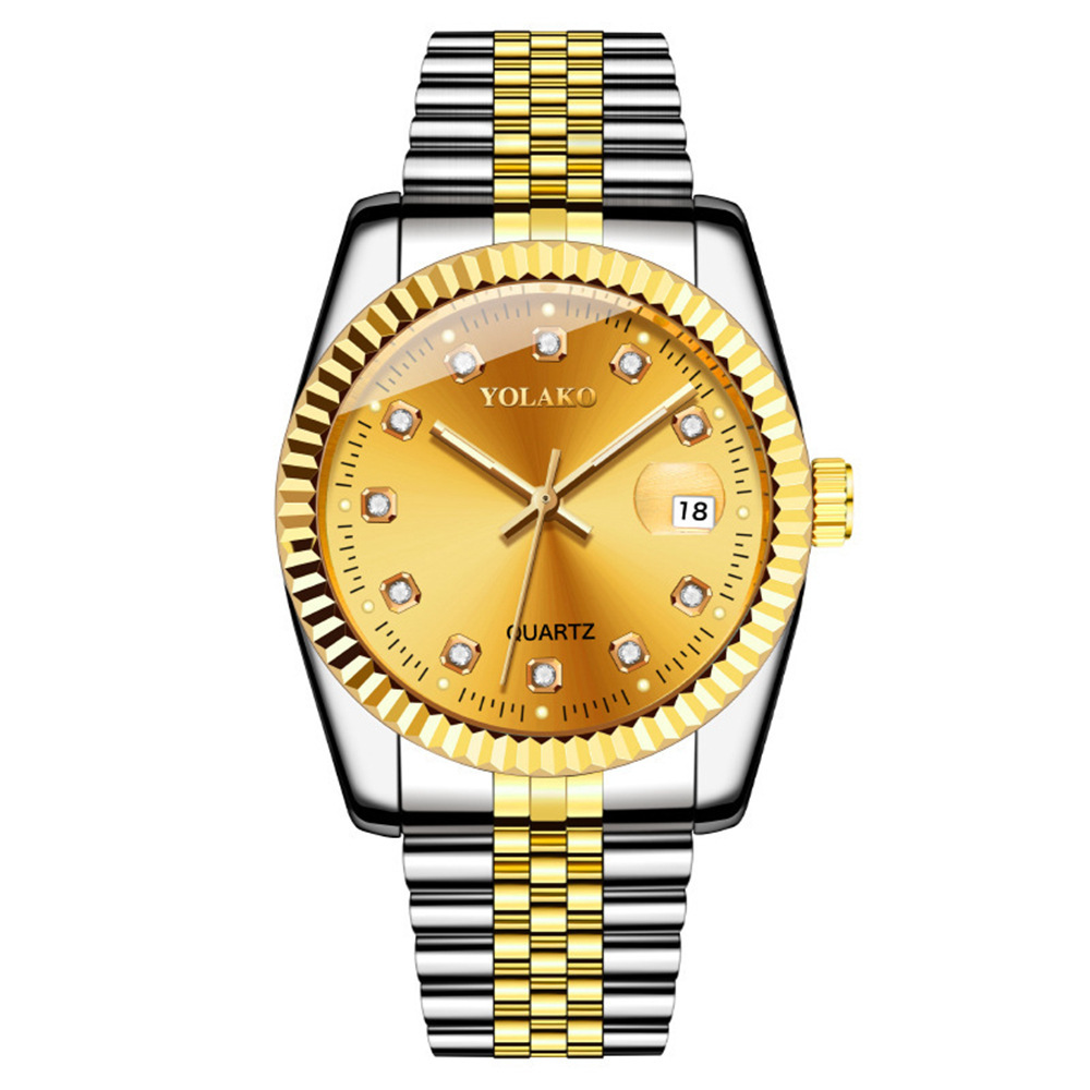 Picture of Diamond Face Steel Band Calendar Watch Women's Simple Casual Student Fashion Quartz Gold suit Men's Watch Couple