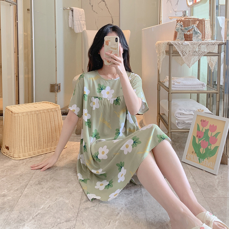 Picture of Cotton Silk Nightgown Women's Spring and Autumn Summer Thin Pajamas Korean Sweet Girls Online Celebrant Live Explosions Home Outwear Skirt