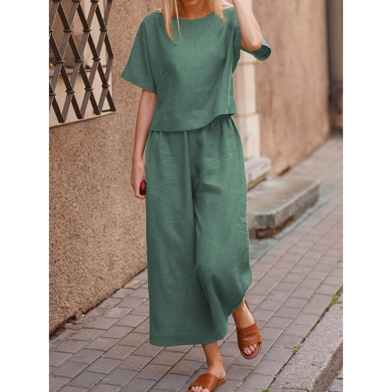 Picture of 2022 cross-border Amazon casual European and American plus size suit loose solid color shirt trousers two-piece set