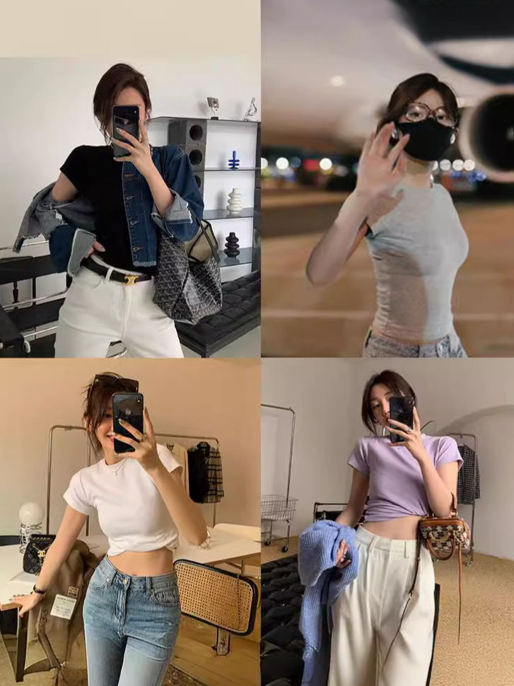 Ins Solid Color Bottoming Slim-fit Short-sleeved T-shirt Women's Trendy New Foreign Trade Cross-border Slimming Short-sleeved Jacket Women's Wholesale