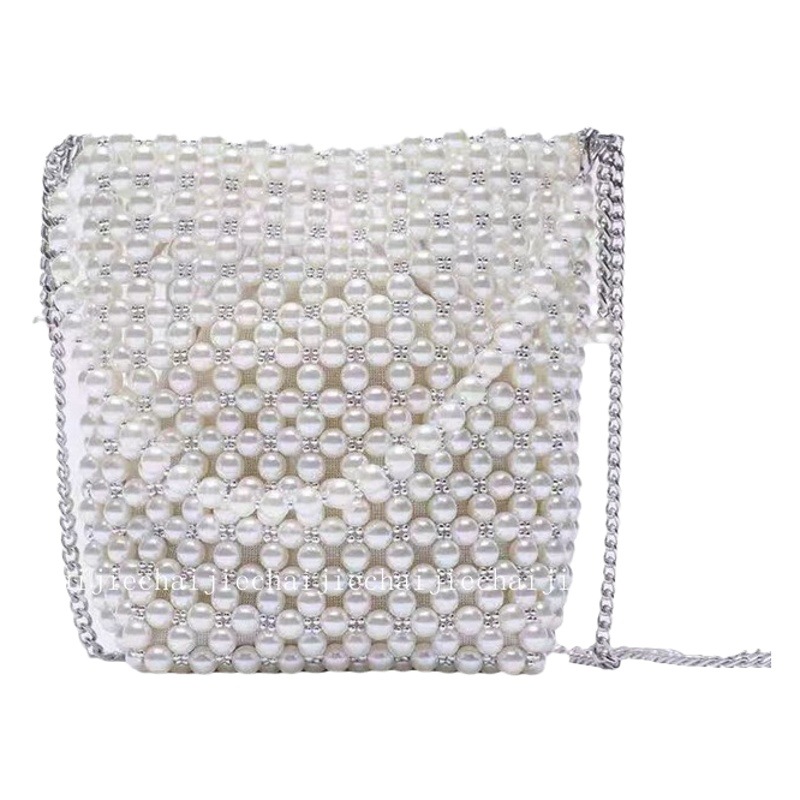 New women's bag fashionable textured white pearl bag beaded fish skin fairy portable crossbody chain shoulder bucket bag