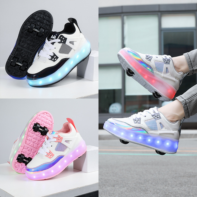 Heelys Shoes in Stock New Four-wheel Kidsren's Luminous Shoes Roller Skates Cross-border Charging LED Lights Removable Wheel Shoes