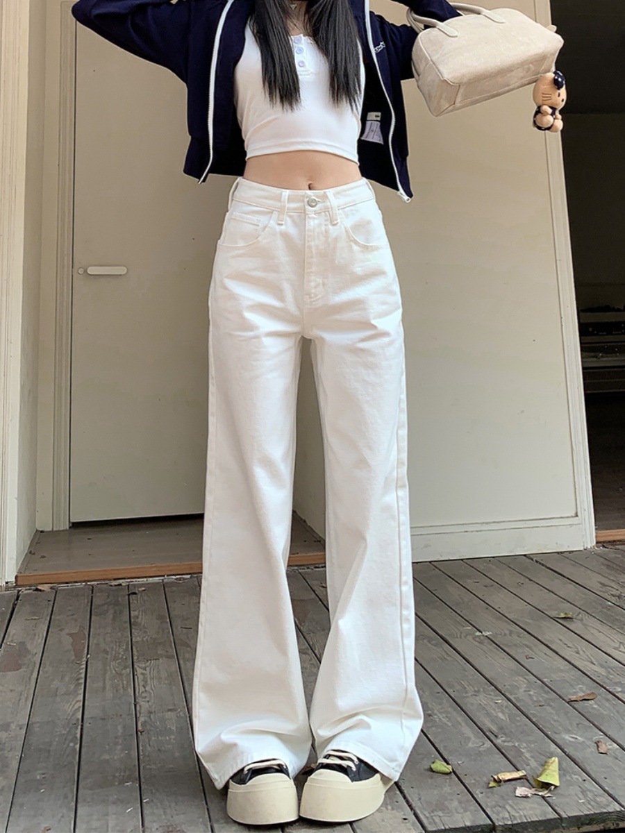 White Wide-Leg Loose Jeans Women's Summer New High Waist plus size chubby girl Slim Look Straight Pants All-Match