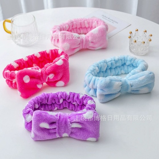 Picture of Korean Style Cute Dot Striped Headband Bow Hair Band Plush Hair Accessories Face Wash Hair Band Makeup Mask